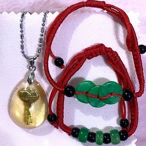 Gorgeous 24K Gold Foil Heart Love Key Charm Pendant Necklace Jade Bracelet